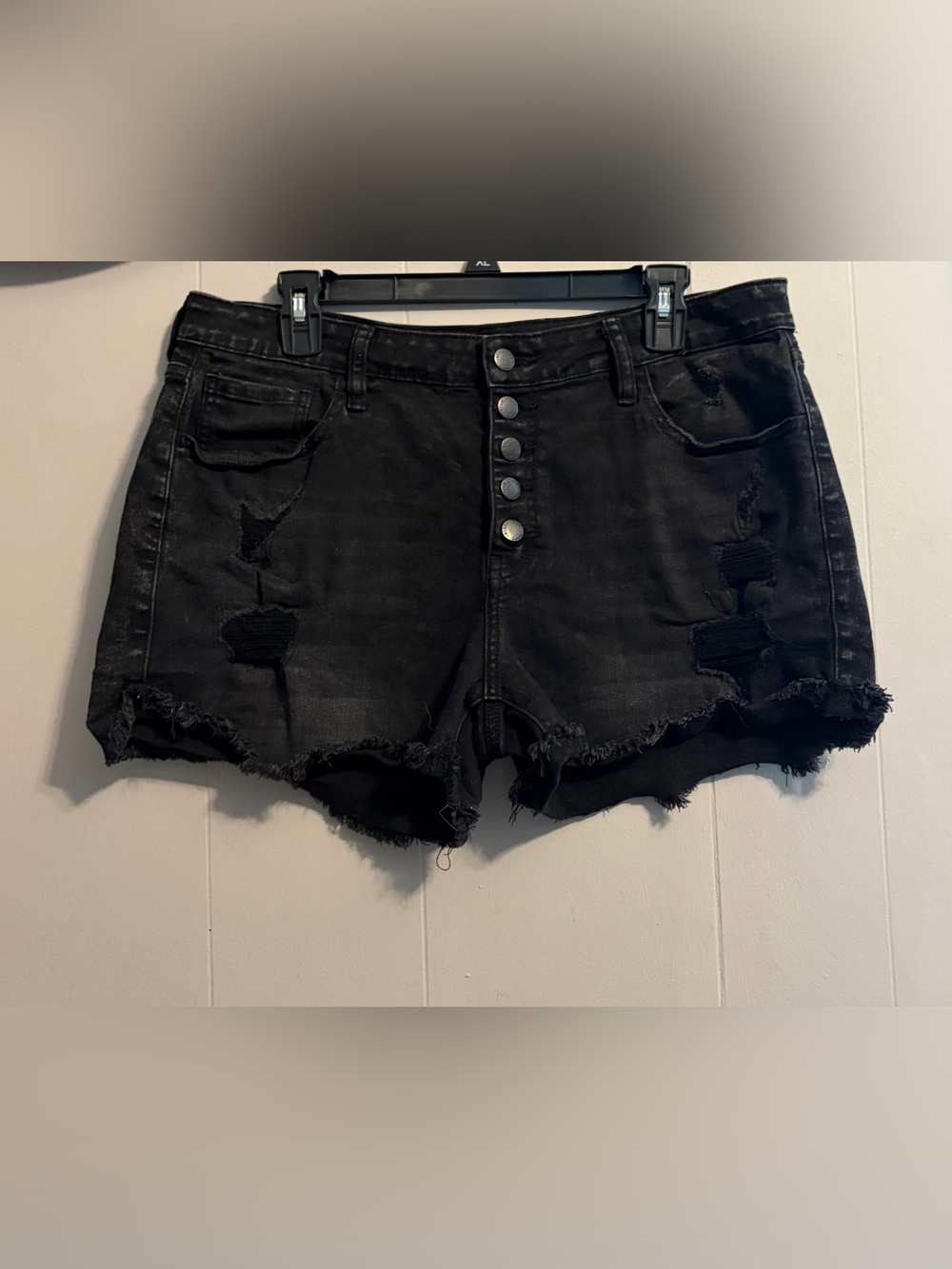 KanCan Black Distressed Button-Fly Denim Shorts mid-rise